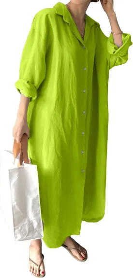GGUHHU Womens Chic Button Down Rolled-Up Sleeve Long Cotton Blouse Maxi Dress