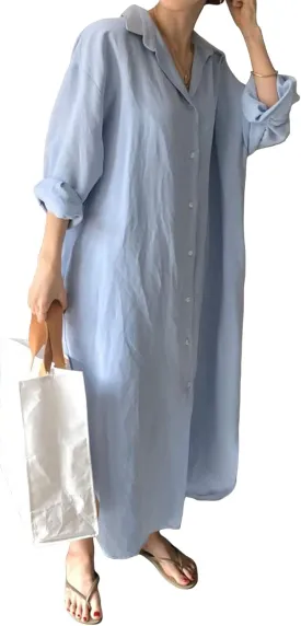 GGUHHU Womens Chic Button Down Rolled-Up Sleeve Long Cotton Blouse Maxi Dress