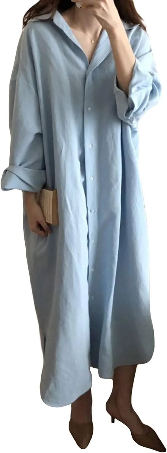 GGUHHU Womens Chic Button Down Rolled-Up Sleeve Long Cotton Blouse Maxi Dress