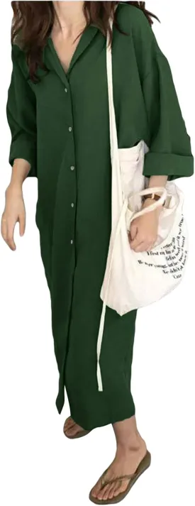 GGUHHU Womens Chic Button Down Rolled-Up Sleeve Long Cotton Blouse Maxi Dress