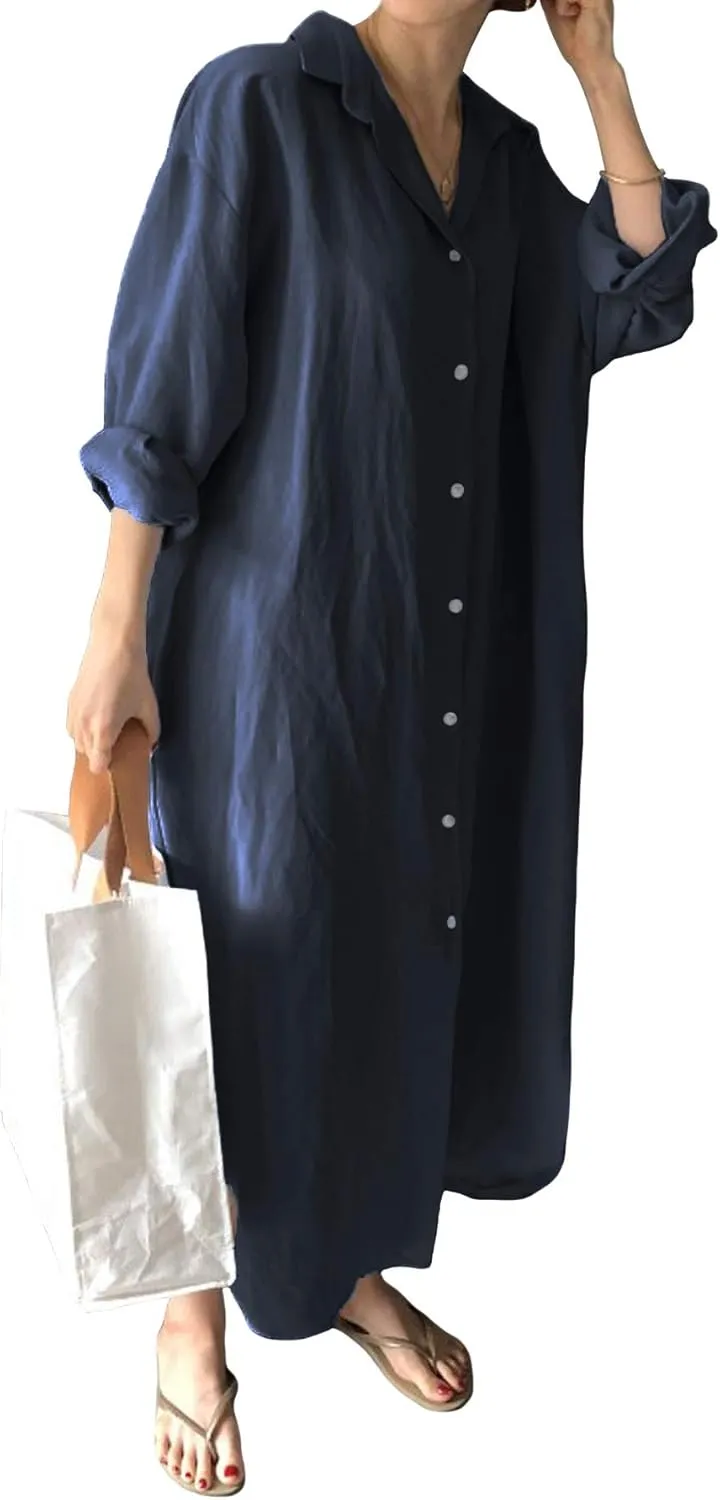 GGUHHU Womens Chic Button Down Rolled-Up Sleeve Long Cotton Blouse Maxi Dress