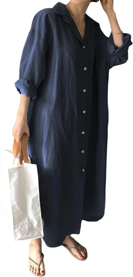 GGUHHU Womens Chic Button Down Rolled-Up Sleeve Long Cotton Blouse Maxi Dress