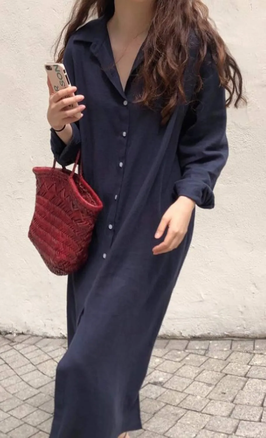GGUHHU Womens Chic Button Down Rolled-Up Sleeve Long Cotton Blouse Maxi Dress
