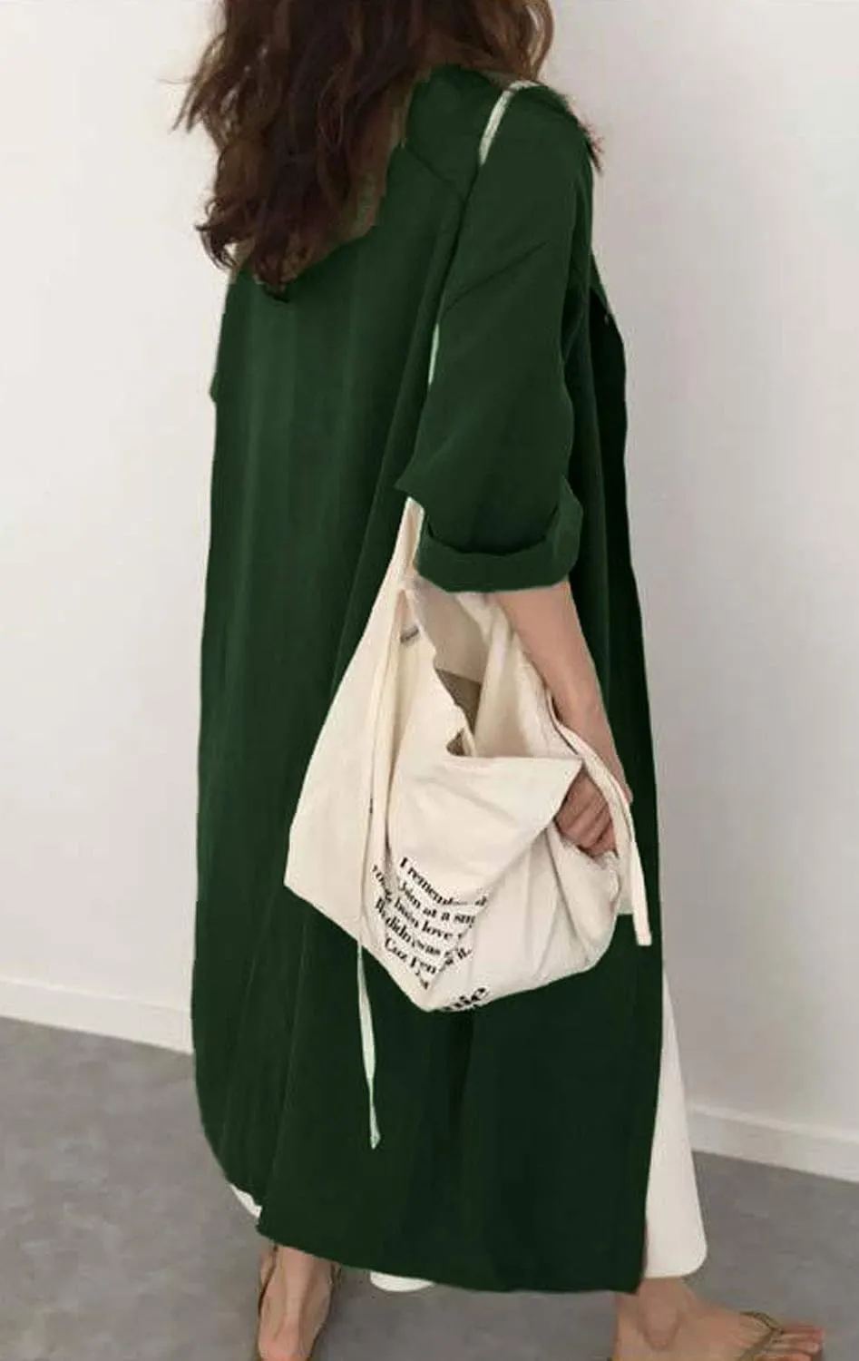 GGUHHU Womens Chic Button Down Rolled-Up Sleeve Long Cotton Blouse Maxi Dress