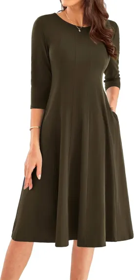 GRACE KARIN Womens 2025 Trendy Dresses Crew Neck 3/4 Sleeve A Line Loose Casual Midi Dress with Pockets
