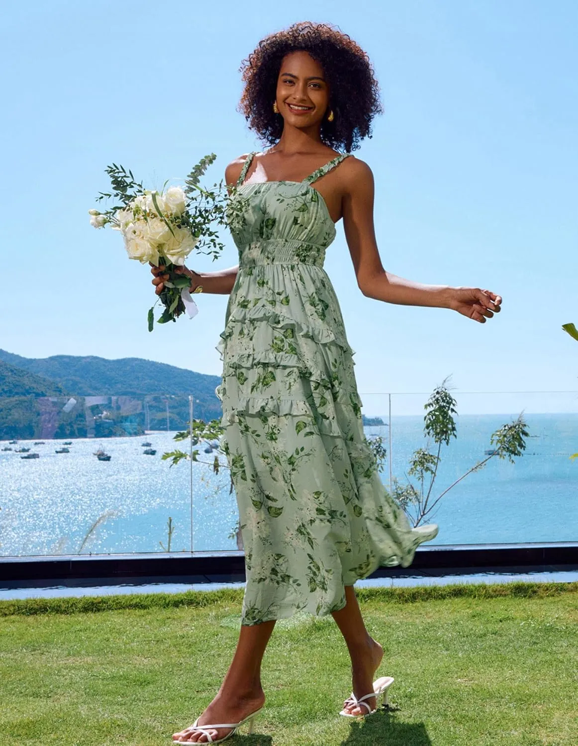 GRACE KARIN Women's Floral Summer Wedding Guest Dresses 2025 Trendy Long Flowy Smocked Tiered Maxi Dress