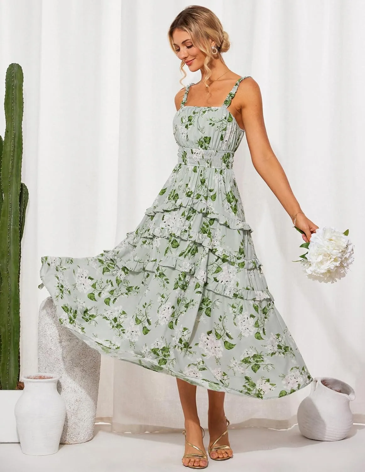 GRACE KARIN Women's Floral Summer Wedding Guest Dresses 2025 Trendy Long Flowy Smocked Tiered Maxi Dress