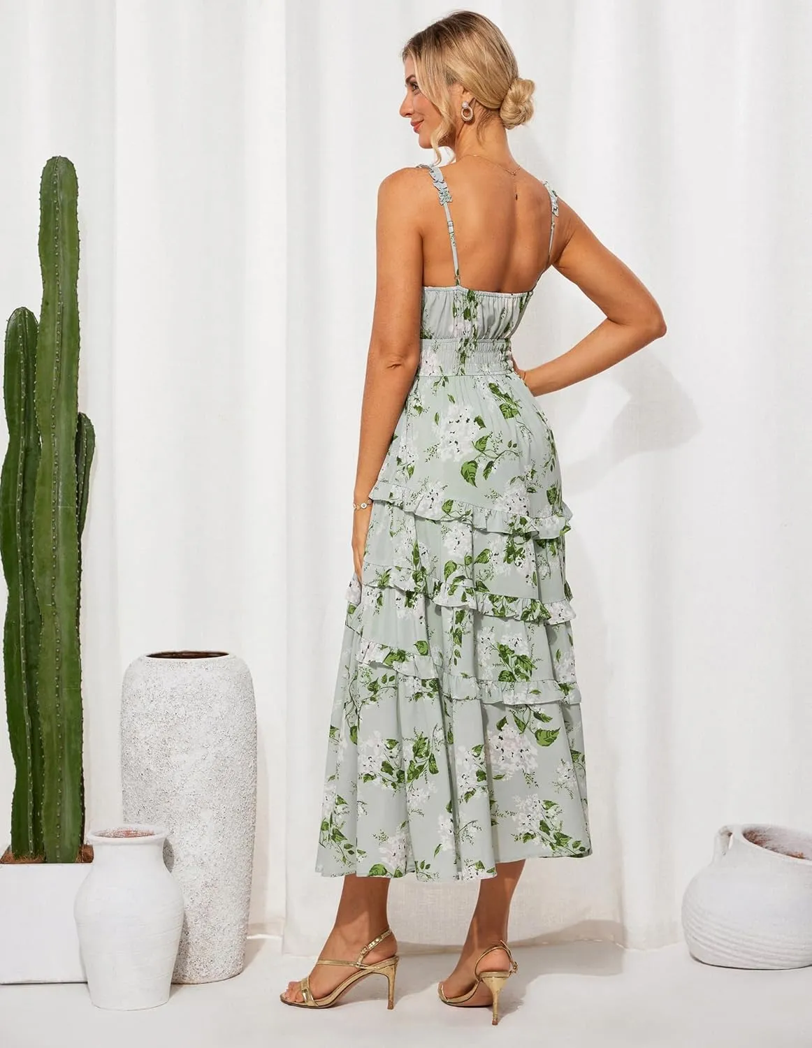 GRACE KARIN Women's Floral Summer Wedding Guest Dresses 2025 Trendy Long Flowy Smocked Tiered Maxi Dress