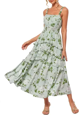 GRACE KARIN Women's Floral Summer Wedding Guest Dresses 2025 Trendy Long Flowy Smocked Tiered Maxi Dress