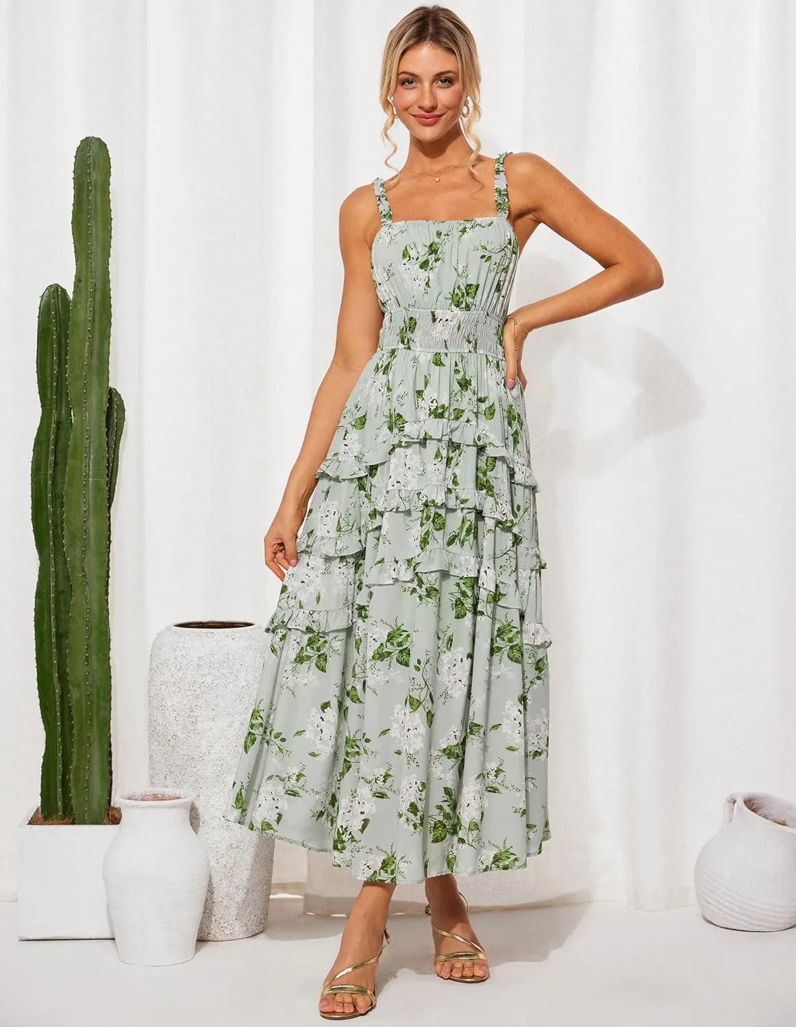 GRACE KARIN Women's Floral Summer Wedding Guest Dresses 2025 Trendy Long Flowy Smocked Tiered Maxi Dress