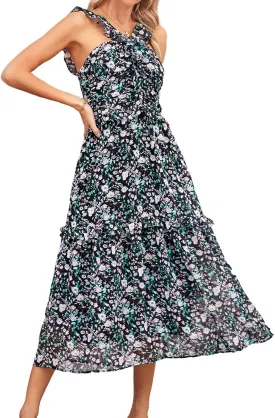 GRACE KARIN Women’s Summer Boho Floral Tiered Dress Strap A Line Swing Flowy Midi Dress Ruffle Beach Wedding Guest Dress