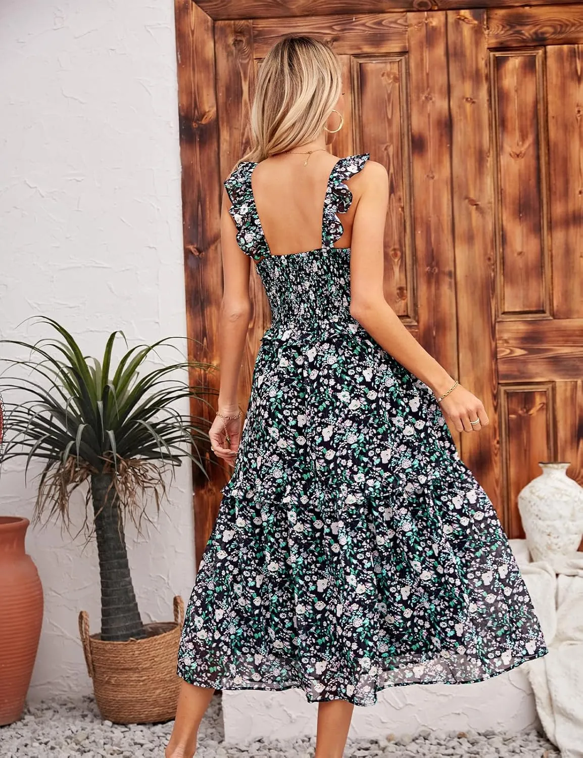 GRACE KARIN Women’s Summer Boho Floral Tiered Dress Strap A Line Swing Flowy Midi Dress Ruffle Beach Wedding Guest Dress