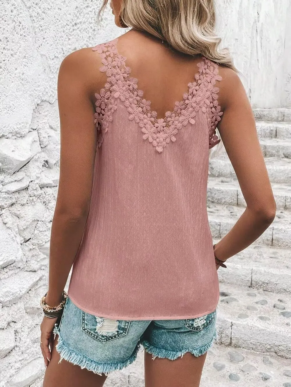 Guipure Lace Panel Tank Top Women Summer Tops Casual Country V Neck Tee Shirts Sleeveless Fashion Loose Blouse