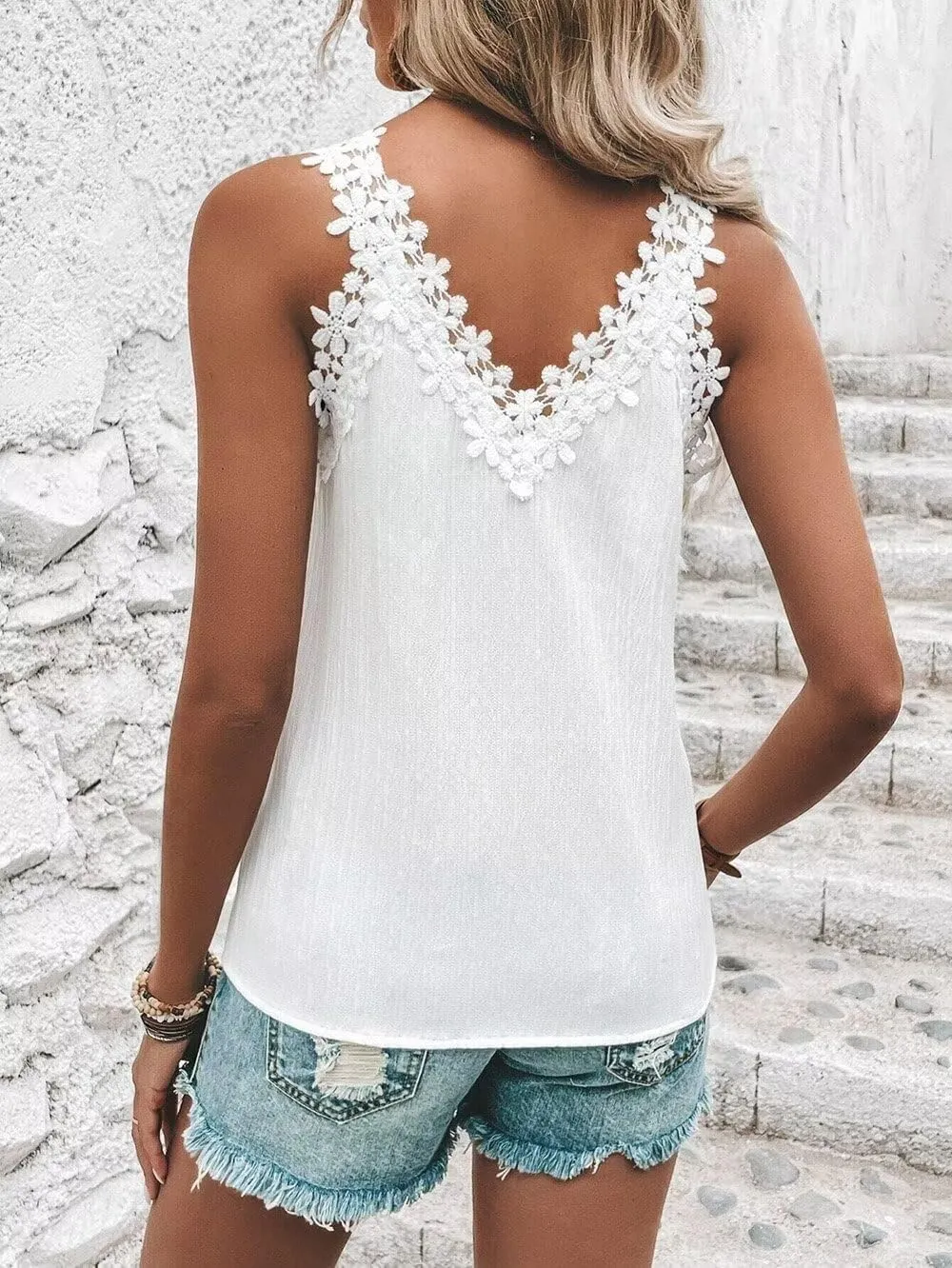 Guipure Lace Panel Tank Top Women Summer Tops Casual Country V Neck Tee Shirts Sleeveless Fashion Loose Blouse