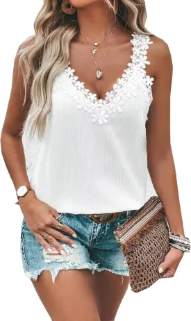 Guipure Lace Panel Tank Top Women Summer Tops Casual Country V Neck Tee Shirts Sleeveless Fashion Loose Blouse