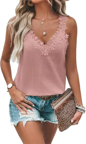 Guipure Lace Panel Tank Top Women Summer Tops Casual Country V Neck Tee Shirts Sleeveless Fashion Loose Blouse