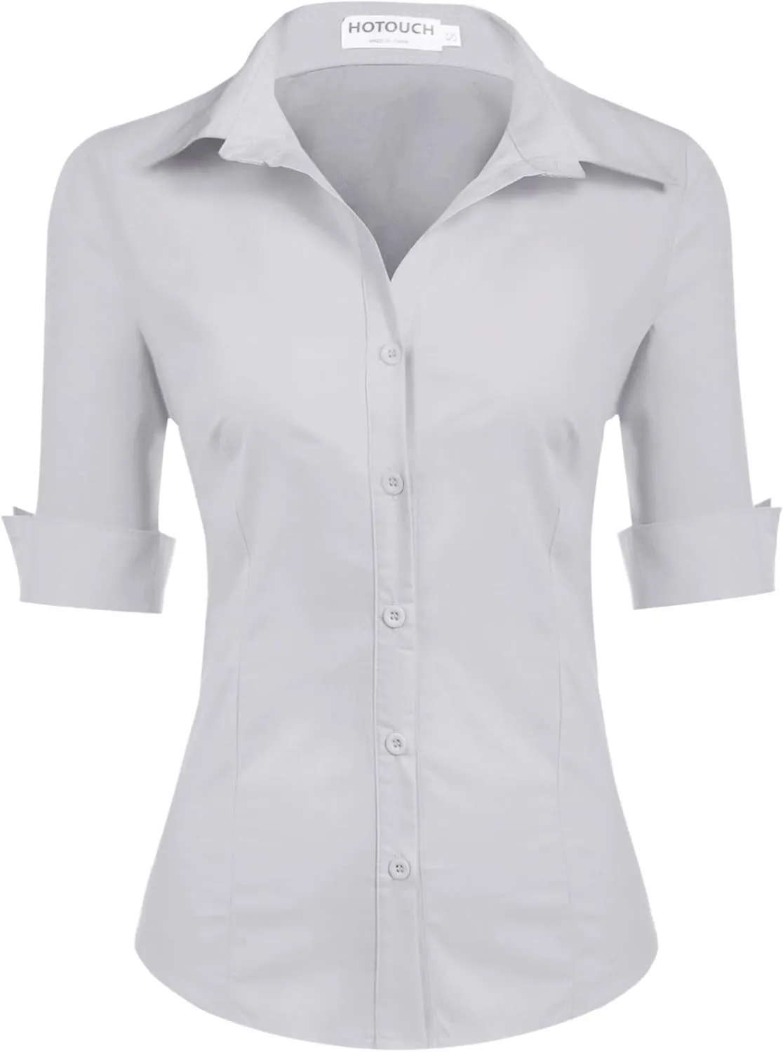 HOTOUCH Womens 3/4 Sleeve Button Down Shirt Slim Fit Work Blouses Cotton Dress Shirts Office Tops