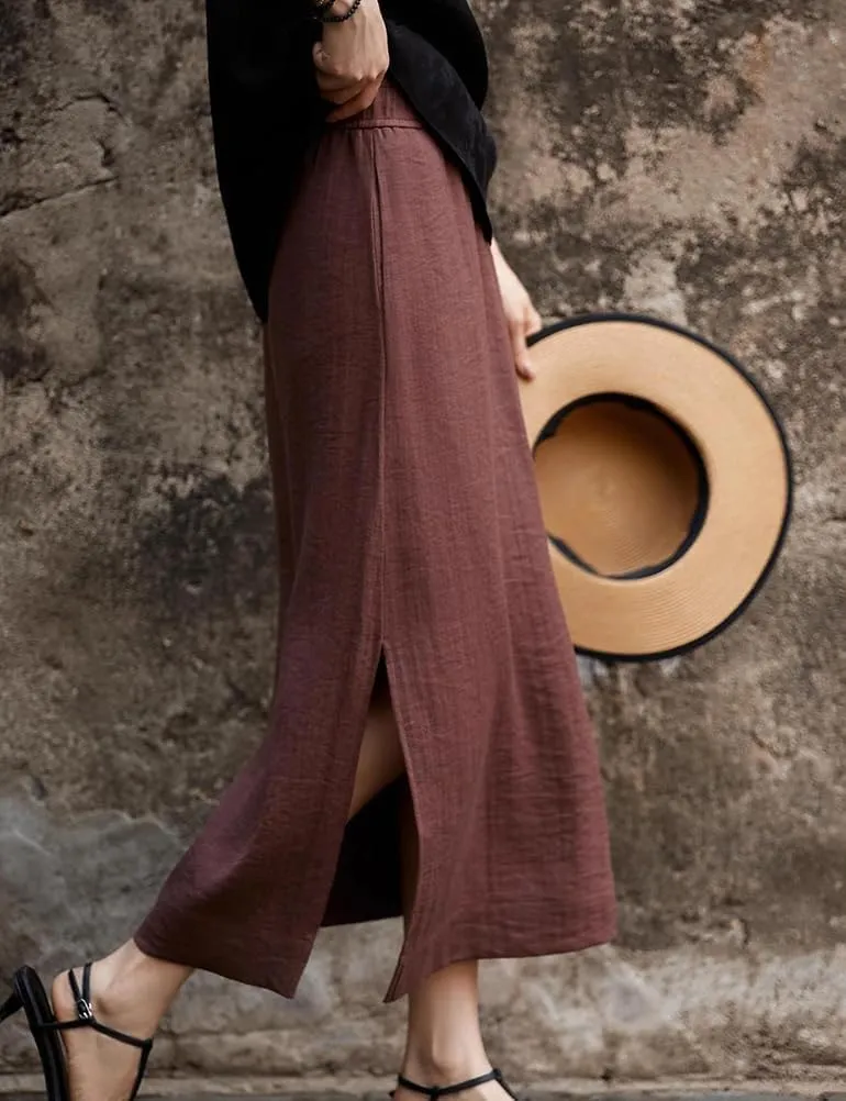 IDEALSANXUN Linen Skirts for Women Spring Summer Casual Lightweight Elastic High Waisted Cotton Midi Skirt with Slit