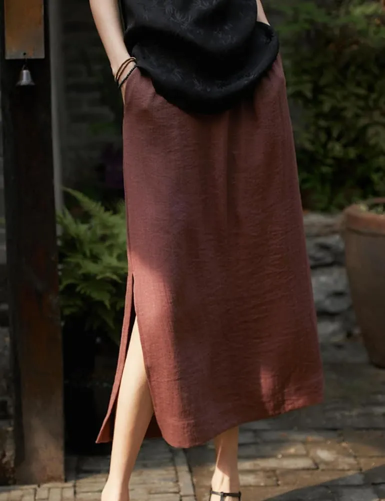 IDEALSANXUN Linen Skirts for Women Spring Summer Casual Lightweight Elastic High Waisted Cotton Midi Skirt with Slit