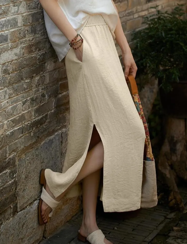 IDEALSANXUN Linen Skirts for Women Spring Summer Casual Lightweight Elastic High Waisted Cotton Midi Skirt with Slit