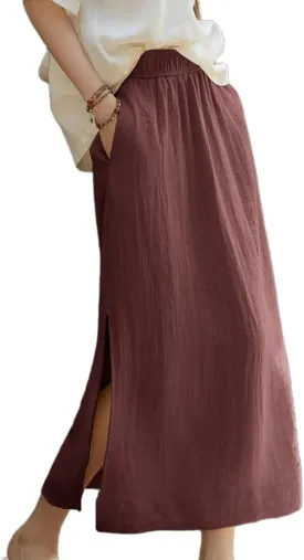 IDEALSANXUN Linen Skirts for Women Spring Summer Casual Lightweight Elastic High Waisted Cotton Midi Skirt with Slit