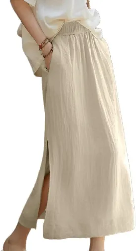 IDEALSANXUN Linen Skirts for Women Spring Summer Casual Lightweight Elastic High Waisted Cotton Midi Skirt with Slit