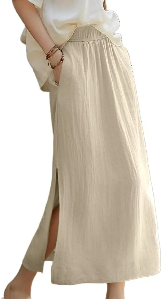 IDEALSANXUN Linen Skirts for Women Spring Summer Casual Lightweight Elastic High Waisted Cotton Midi Skirt with Slit