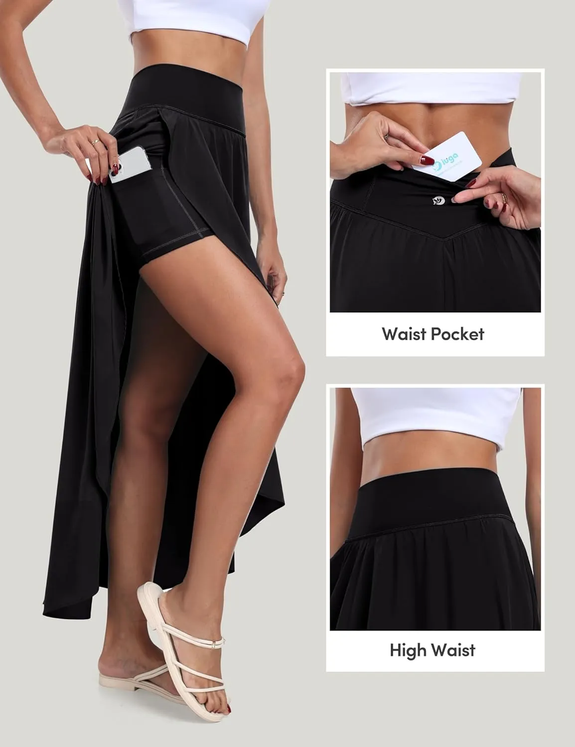 IUGA High Waist Maxi Skirt with Slit Ruffle Wrap Skirt Trendy Flowy Skirts for Women Long Skirts with Shorts Underneath