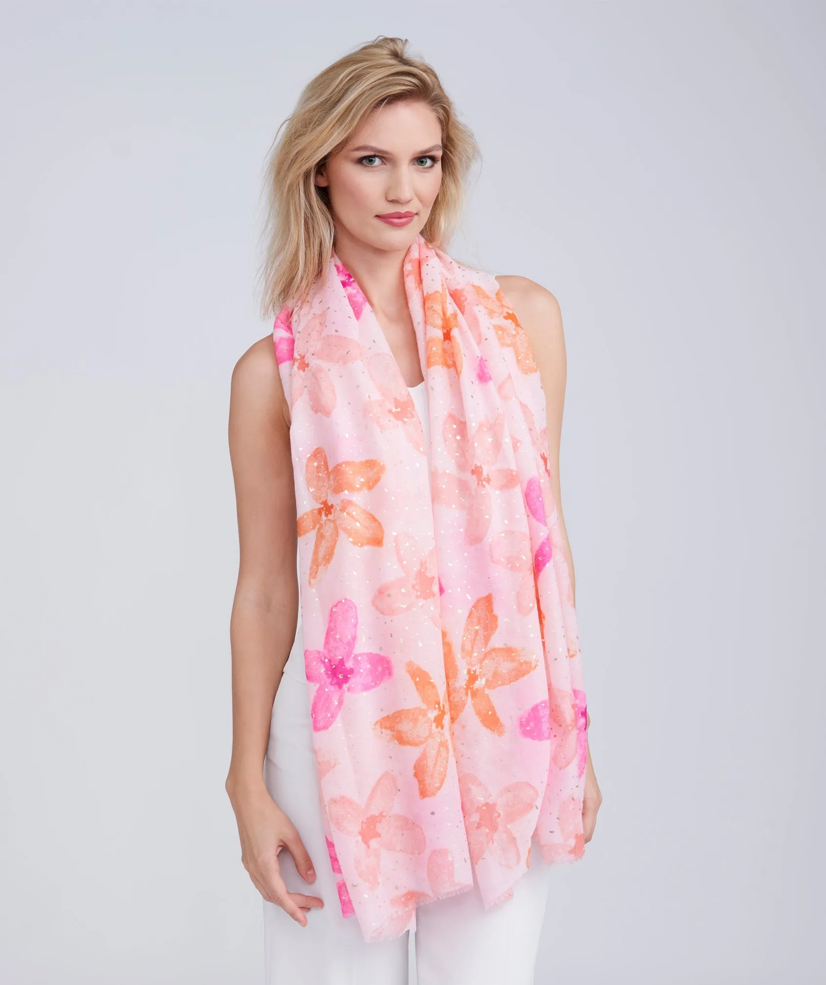 Light Pink Floral Print Scarf with Metallic Detail and Frayed Hems