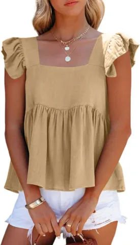 LYANER Women's Summer Sleeveless Peplum Blouse Square Neck Ruffle Strap Babydoll Tank Top