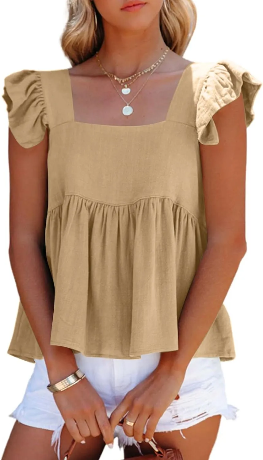 LYANER Women's Summer Sleeveless Peplum Blouse Square Neck Ruffle Strap Babydoll Tank Top