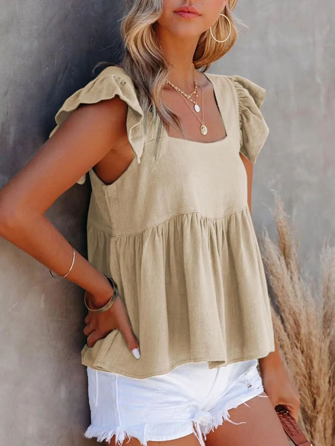 LYANER Women's Summer Sleeveless Peplum Blouse Square Neck Ruffle Strap Babydoll Tank Top