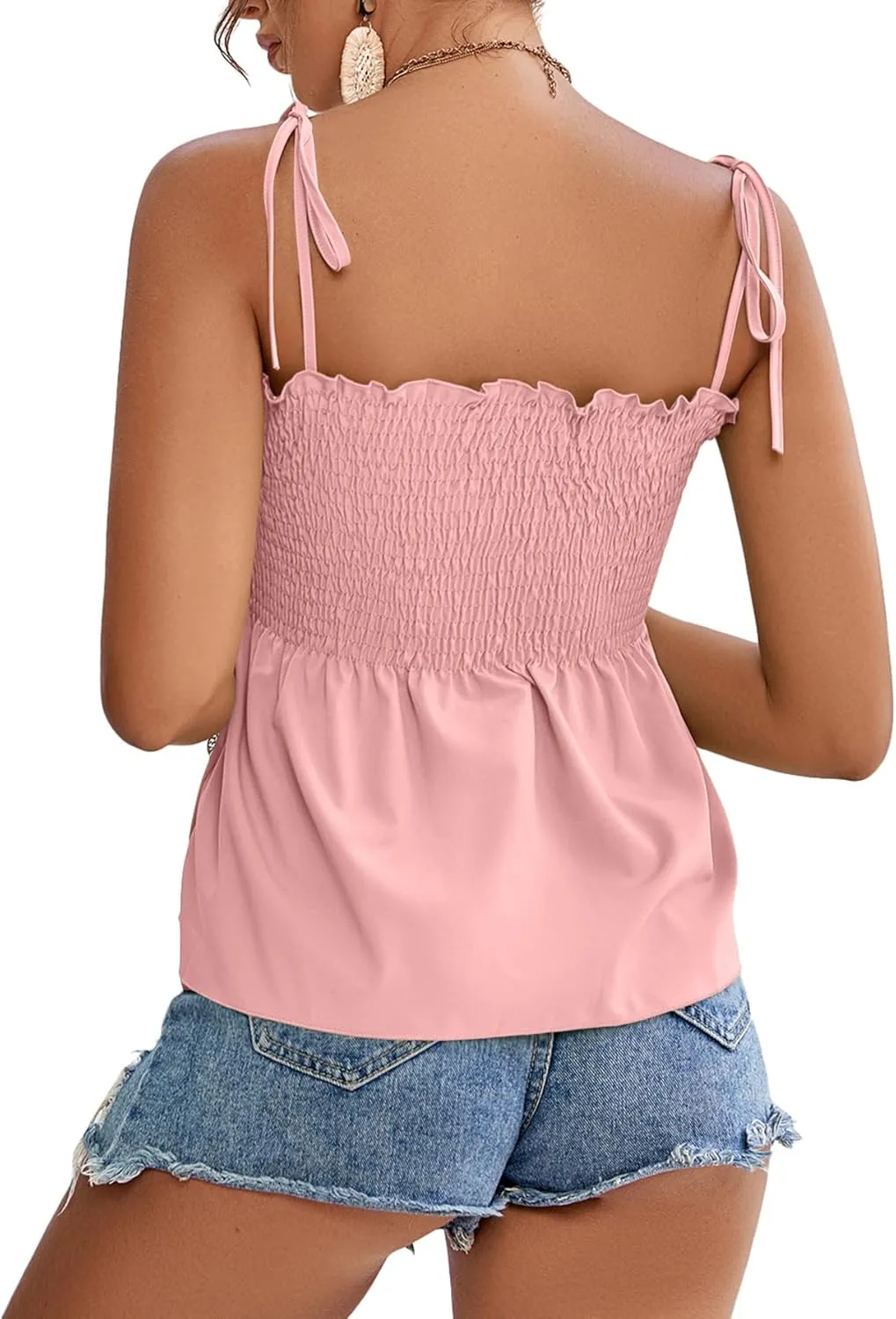 LYANER Women's Tie Shoulder Frill Shirred Ruffle Hem Sleeveless Strappy Cami Blouse Peplum Top