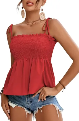 LYANER Women's Tie Shoulder Frill Shirred Ruffle Hem Sleeveless Strappy Cami Blouse Peplum Top