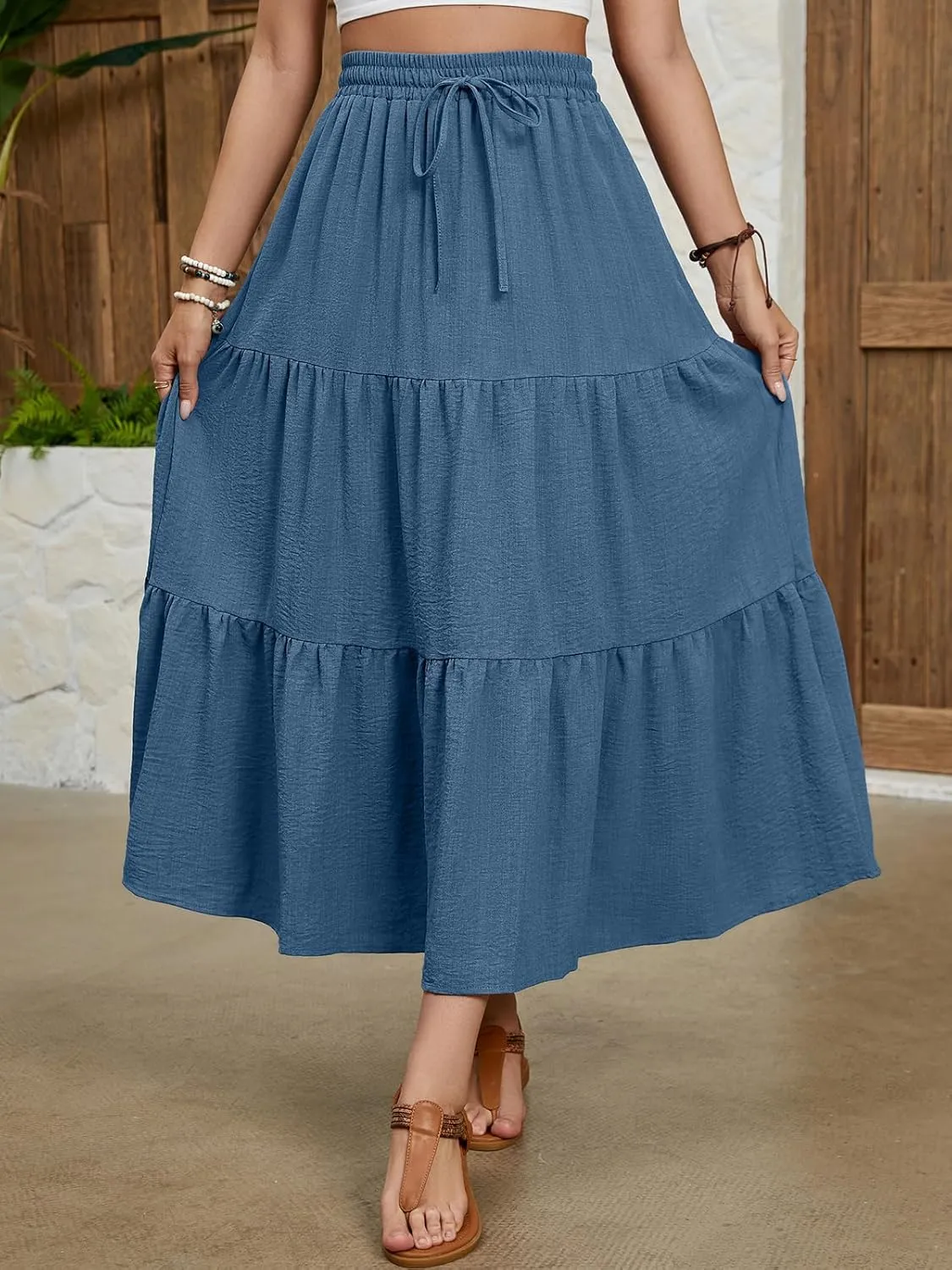 Lyrur Maxi Skirts for Women 2025 Summer Elastic High Waist A-Line Flowy 3-Layer Tiered Ruffle Long Skirt with Pockets