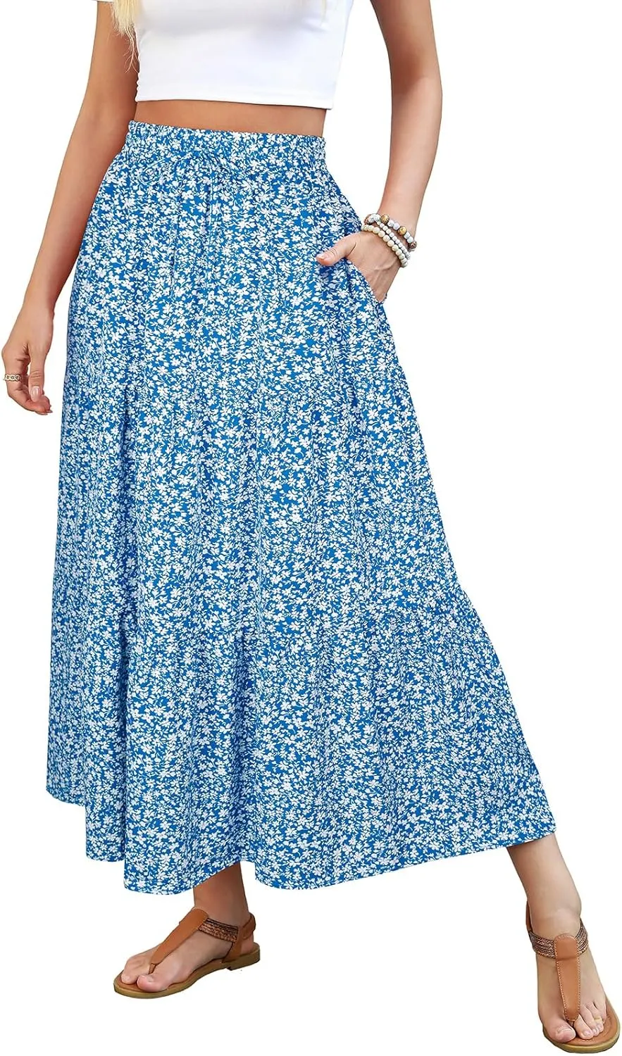 Lyrur Maxi Skirts for Women 2025 Summer Elastic High Waist A-Line Flowy 3-Layer Tiered Ruffle Long Skirt with Pockets