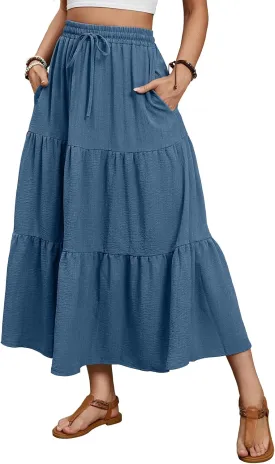Lyrur Maxi Skirts for Women 2025 Summer Elastic High Waist A-Line Flowy 3-Layer Tiered Ruffle Long Skirt with Pockets