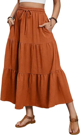 Lyrur Maxi Skirts for Women 2025 Summer Elastic High Waist A-Line Flowy 3-Layer Tiered Ruffle Long Skirt with Pockets