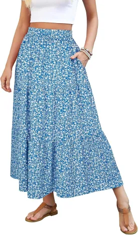 Lyrur Maxi Skirts for Women 2025 Summer Elastic High Waist A-Line Flowy 3-Layer Tiered Ruffle Long Skirt with Pockets