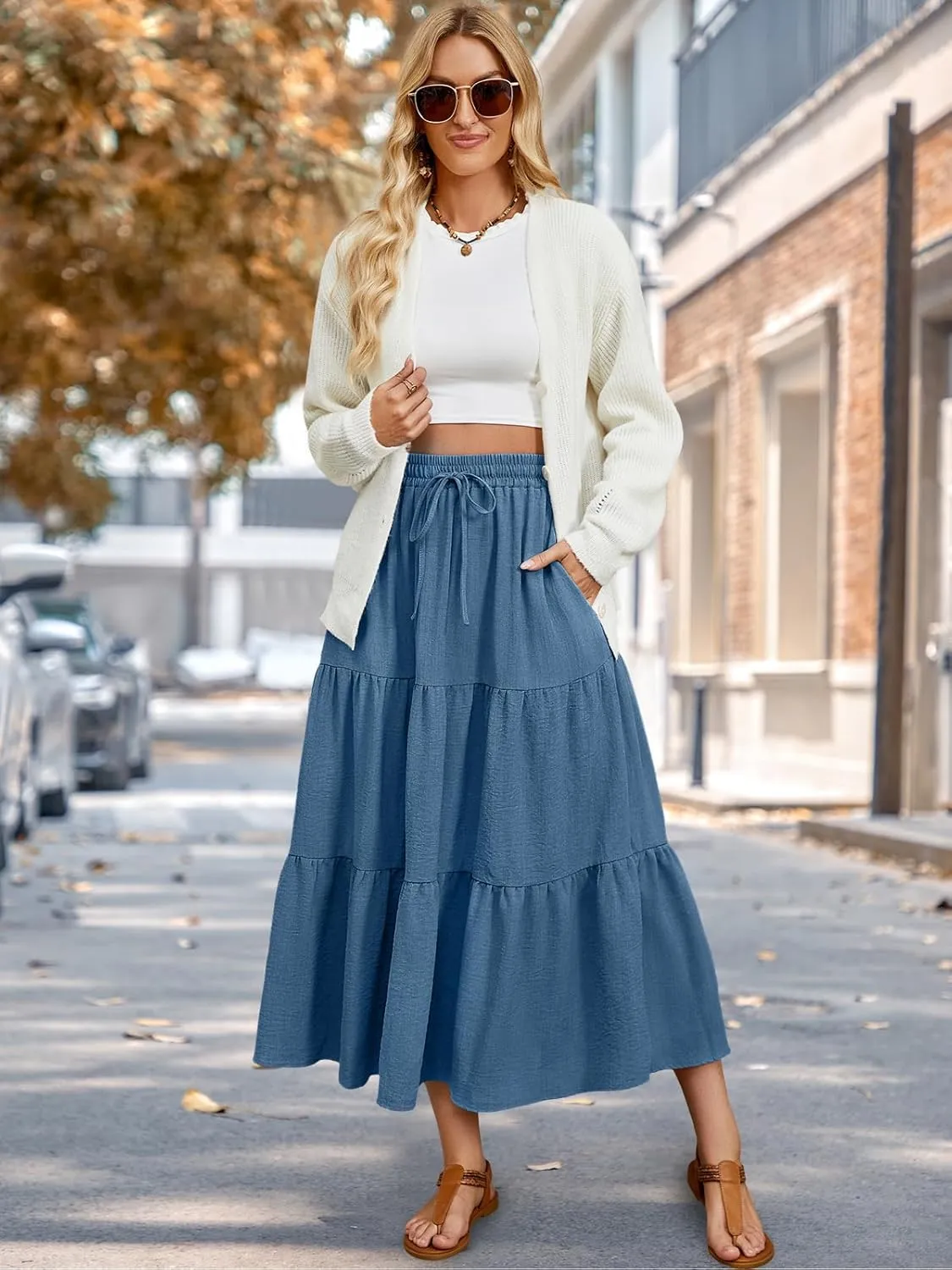 Lyrur Maxi Skirts for Women 2025 Summer Elastic High Waist A-Line Flowy 3-Layer Tiered Ruffle Long Skirt with Pockets