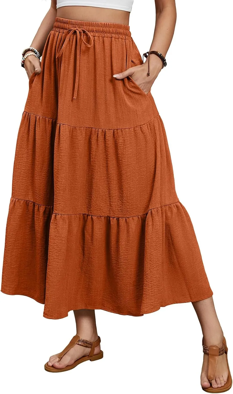 Lyrur Maxi Skirts for Women 2025 Summer Elastic High Waist A-Line Flowy 3-Layer Tiered Ruffle Long Skirt with Pockets