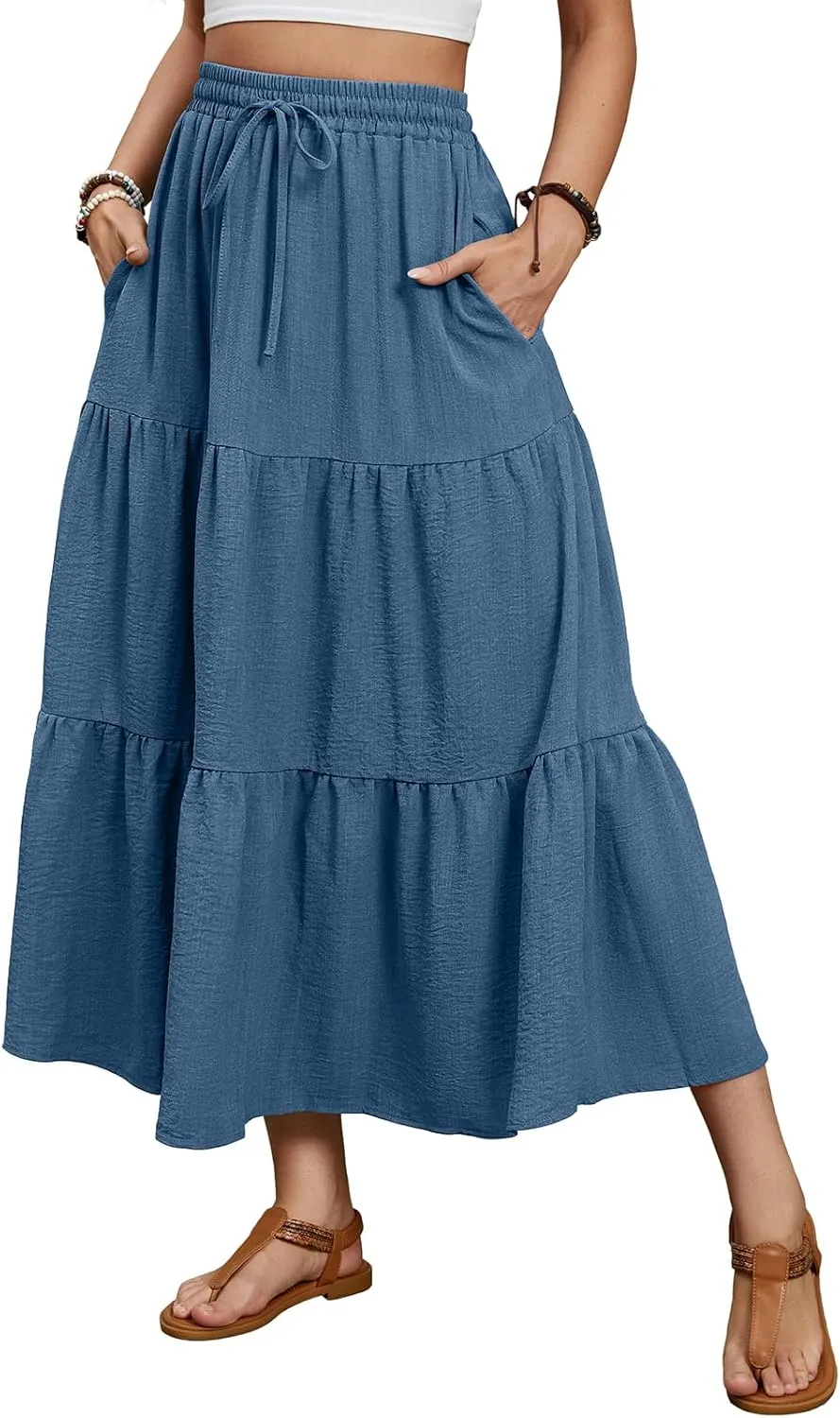 Lyrur Maxi Skirts for Women 2025 Summer Elastic High Waist A-Line Flowy 3-Layer Tiered Ruffle Long Skirt with Pockets