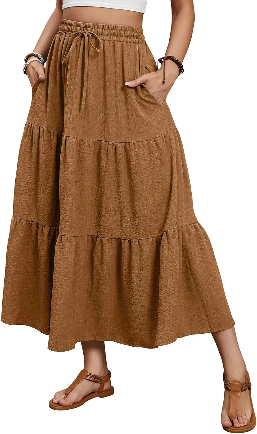 Lyrur Maxi Skirts for Women 2025 Summer Elastic High Waist A-Line Flowy 3-Layer Tiered Ruffle Long Skirt with Pockets