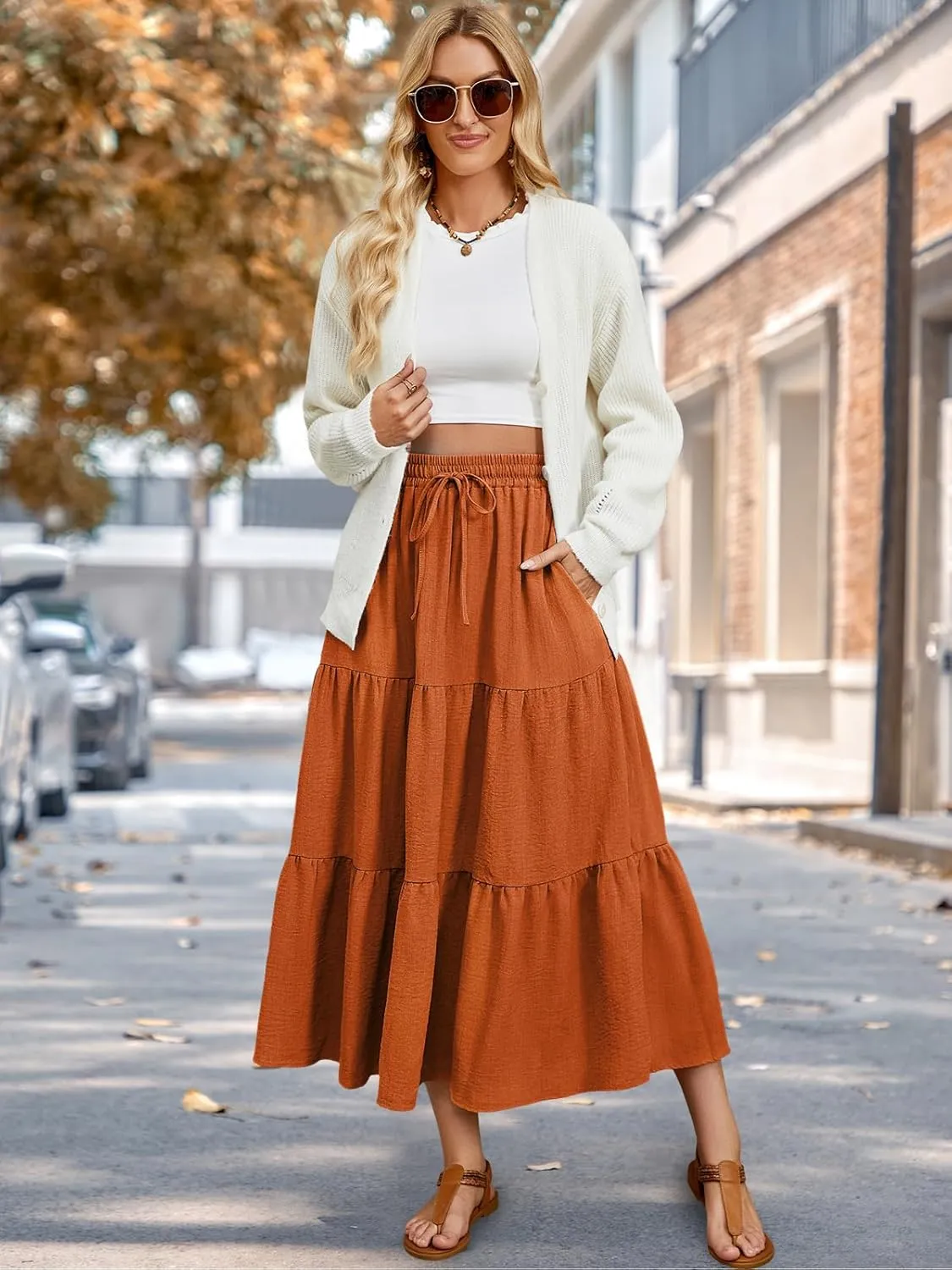 Lyrur Maxi Skirts for Women 2025 Summer Elastic High Waist A-Line Flowy 3-Layer Tiered Ruffle Long Skirt with Pockets