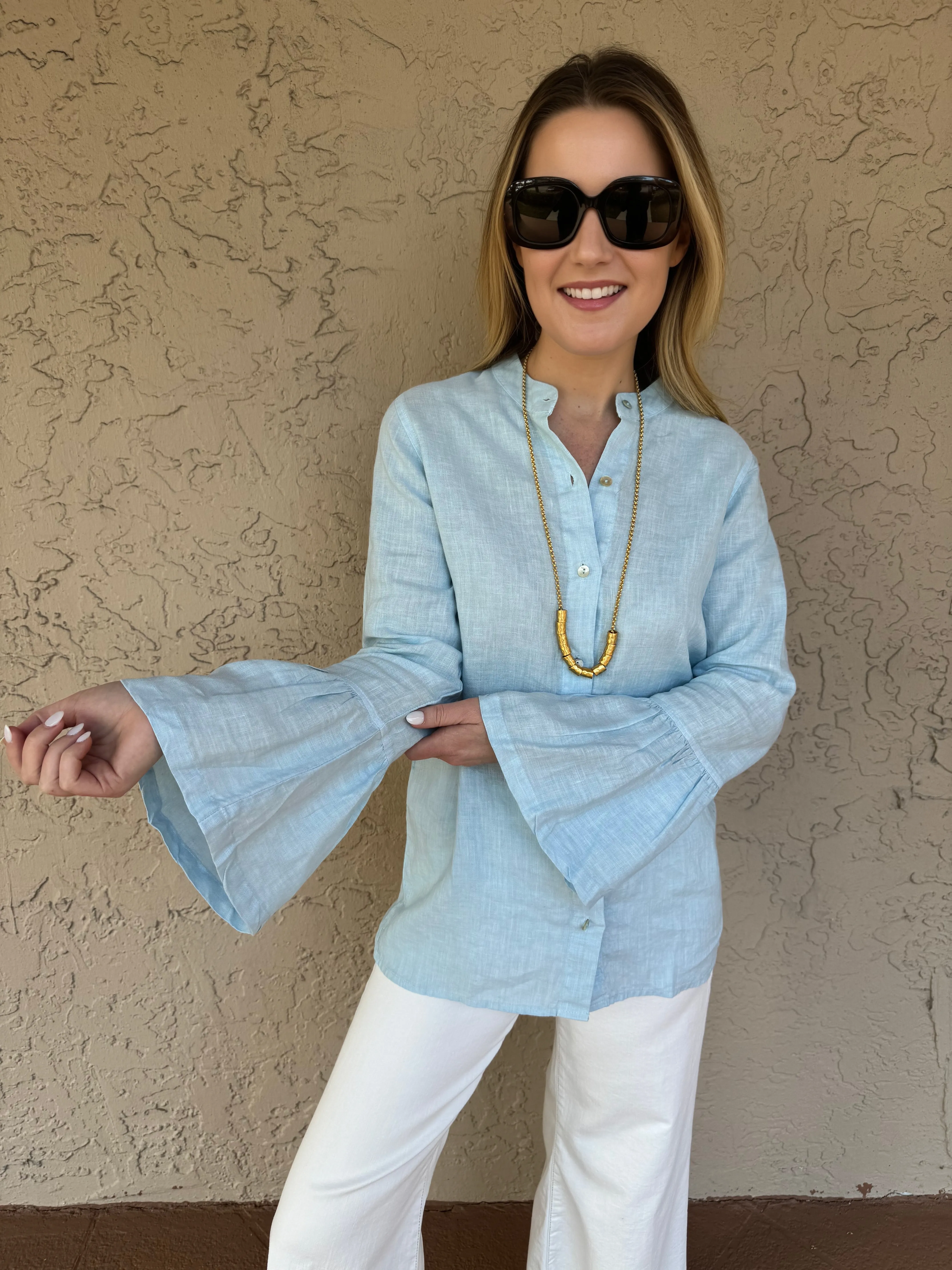 Mandarin Neck Shirt with Ruffle Sleeves - Ocean Air