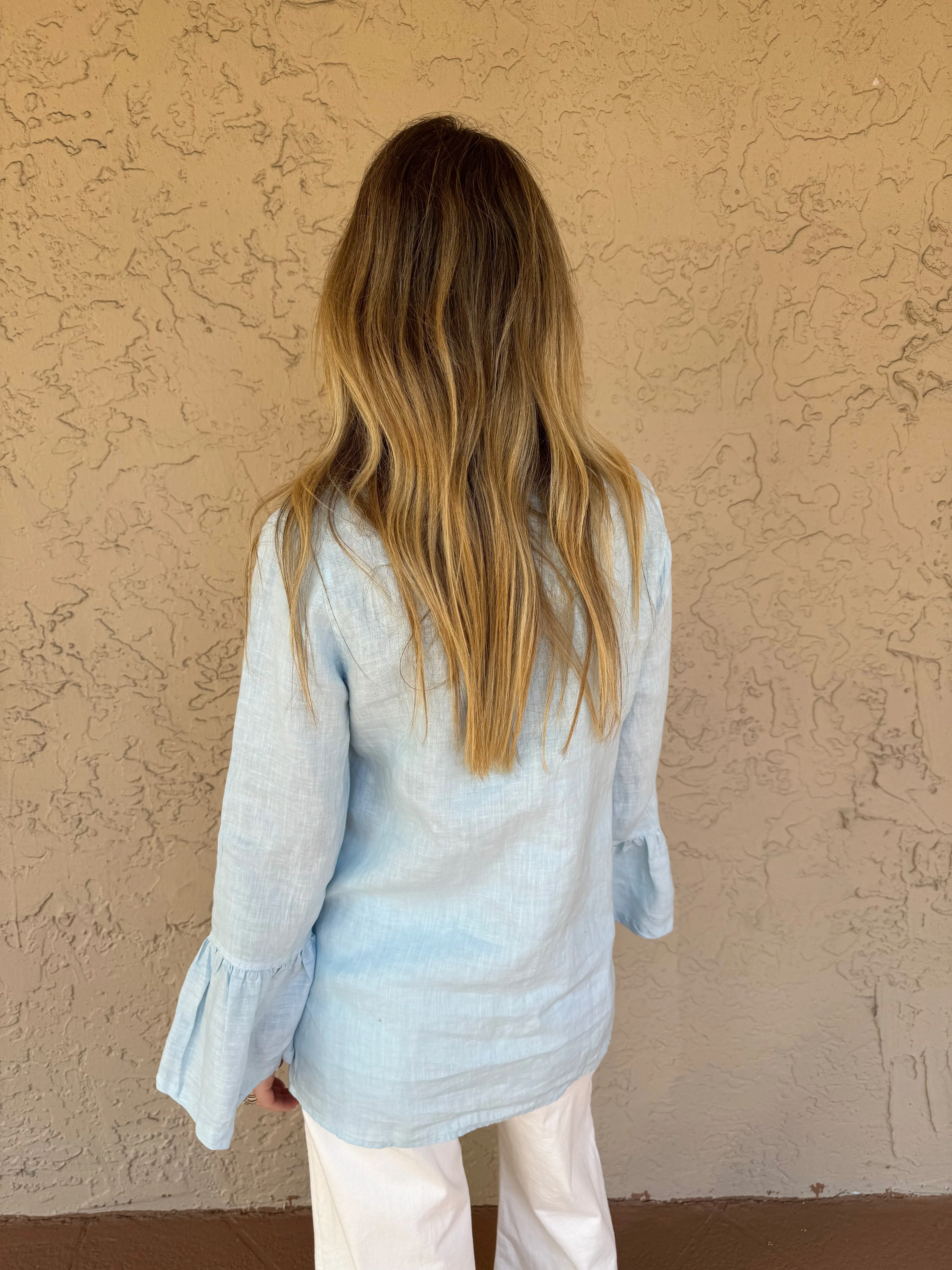 Mandarin Neck Shirt with Ruffle Sleeves - Ocean Air