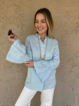 Mandarin Neck Shirt with Ruffle Sleeves - Ocean Air