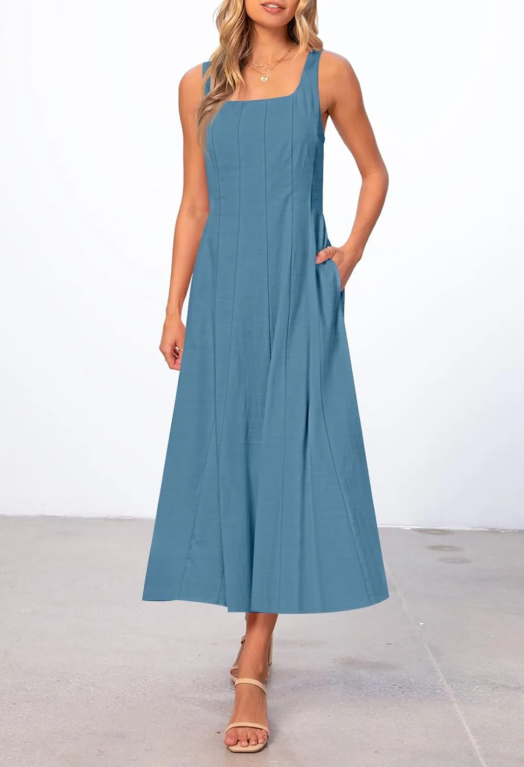 MEROKEETY Women's 2025 Summer Sleeveless Midi Dress Square Neck Smocked Flowy A Line Beach Dresses