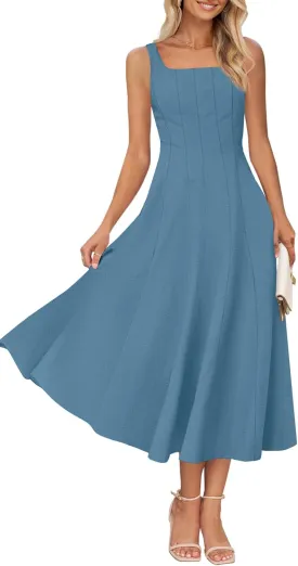 MEROKEETY Women's 2025 Summer Sleeveless Midi Dress Square Neck Smocked Flowy A Line Beach Dresses