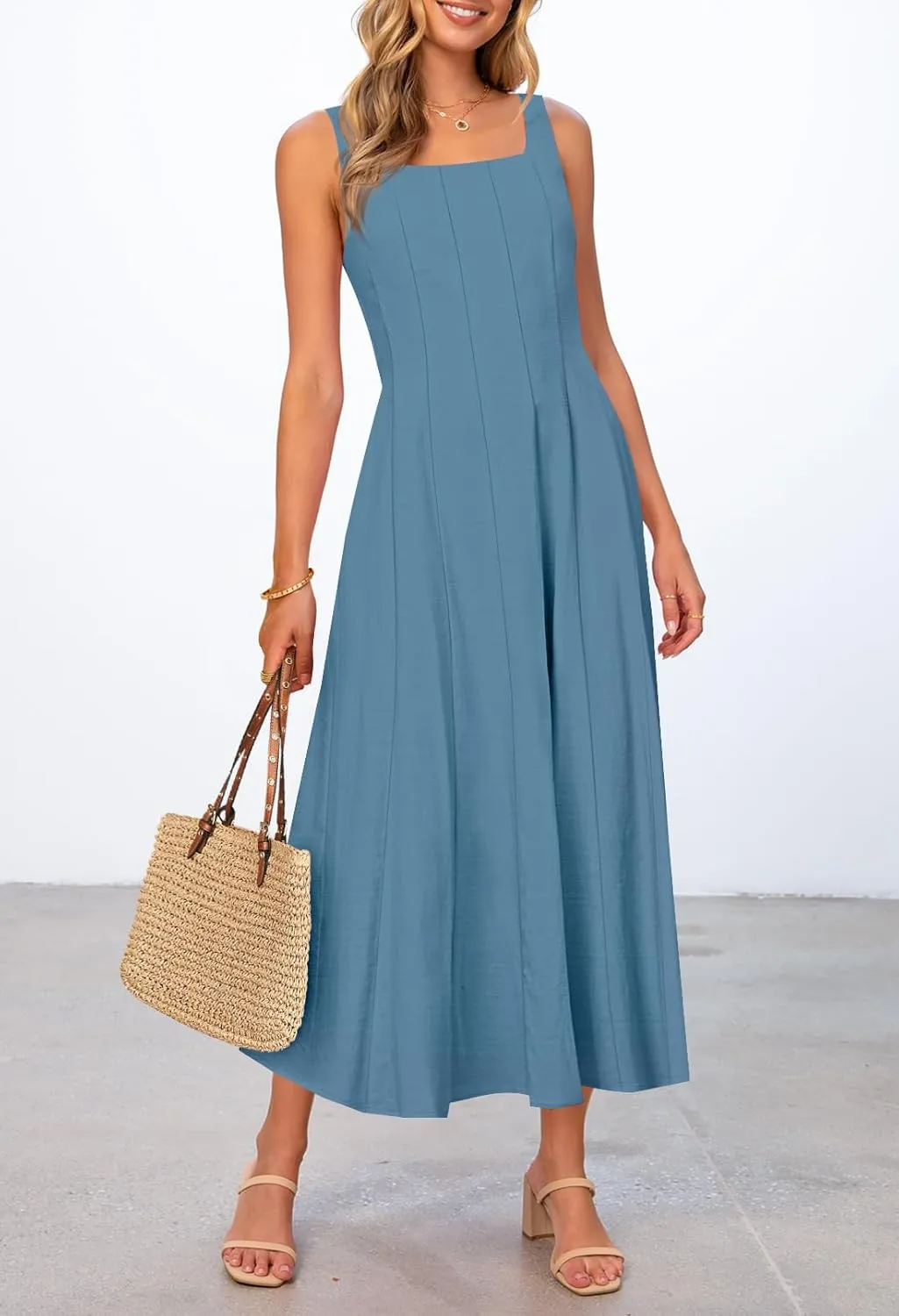 MEROKEETY Women's 2025 Summer Sleeveless Midi Dress Square Neck Smocked Flowy A Line Beach Dresses